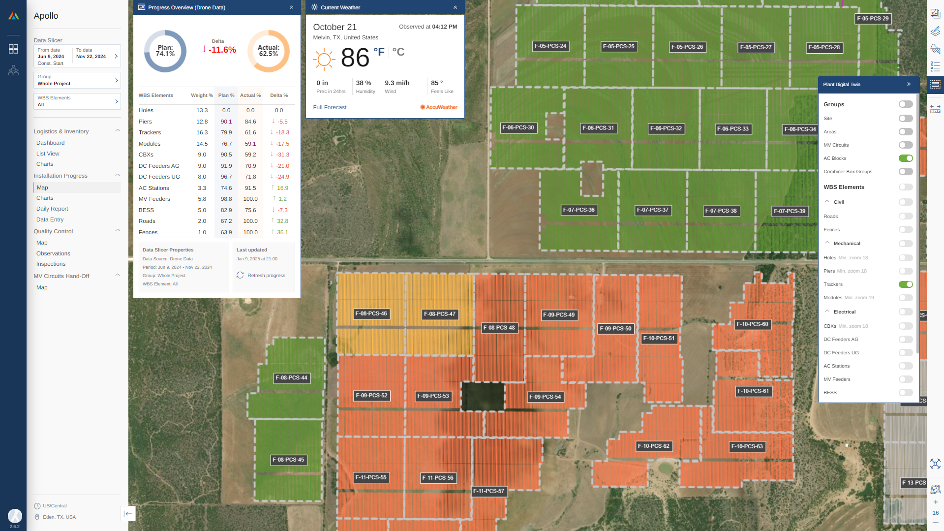 Screenshot of software showing large scale solar power plant under construction