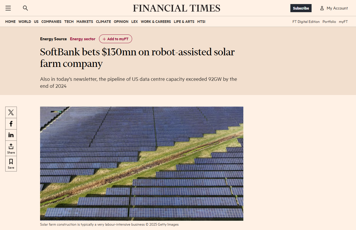 Financial Times: SoftBank bets $130mn on robot-assisted solar farm company