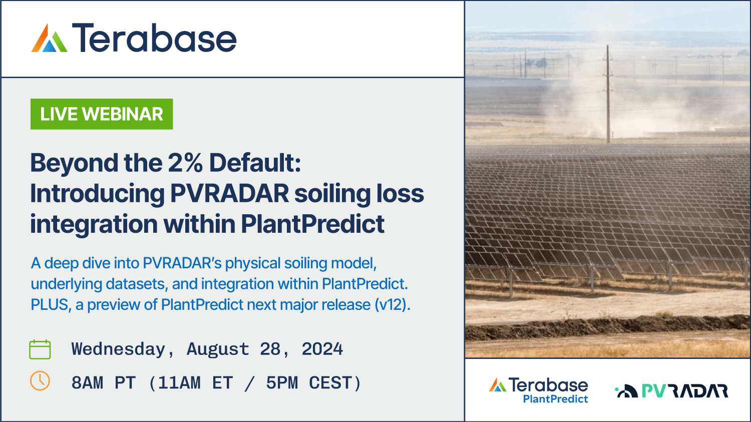 Webinar Recording: Beyond the 2% default – Introducing PVRADAR soiling loss integration in PlantPredict